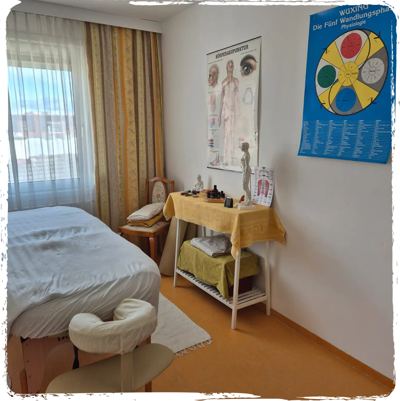 Behandlungsraum von LÖWIN Energetik mit Behandlungsliege und Energiearbeit-Tafeln